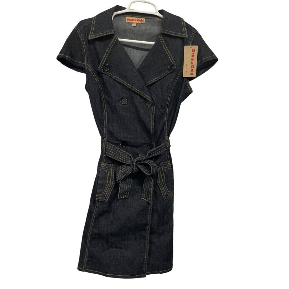 Drama Gold‎ Denim Double-Breasted Button-Down Dress Belted Waist Size 9/10